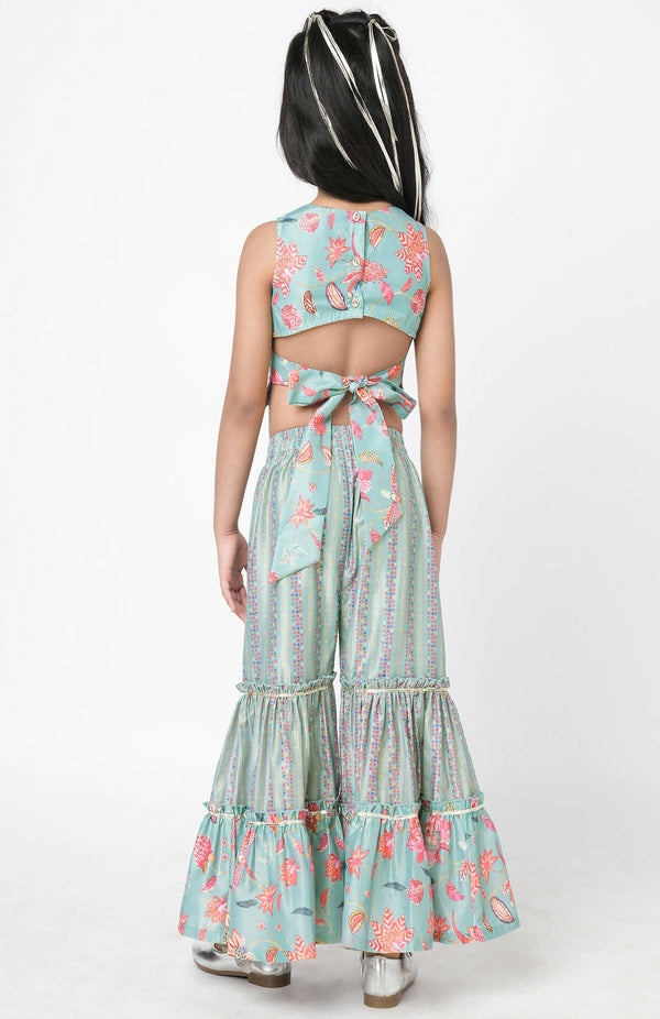 Lil Drama Golden Weaves Blue Crop Top With Palazzo Co-Ordinate Set - Distacart