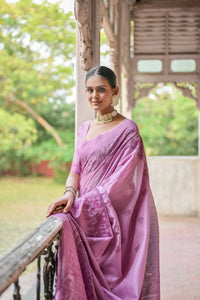 Thumbnail for Vishnu Weaves Women's Wine Handloom Raw Silk Woven Border Saree with Blouse - Distacart