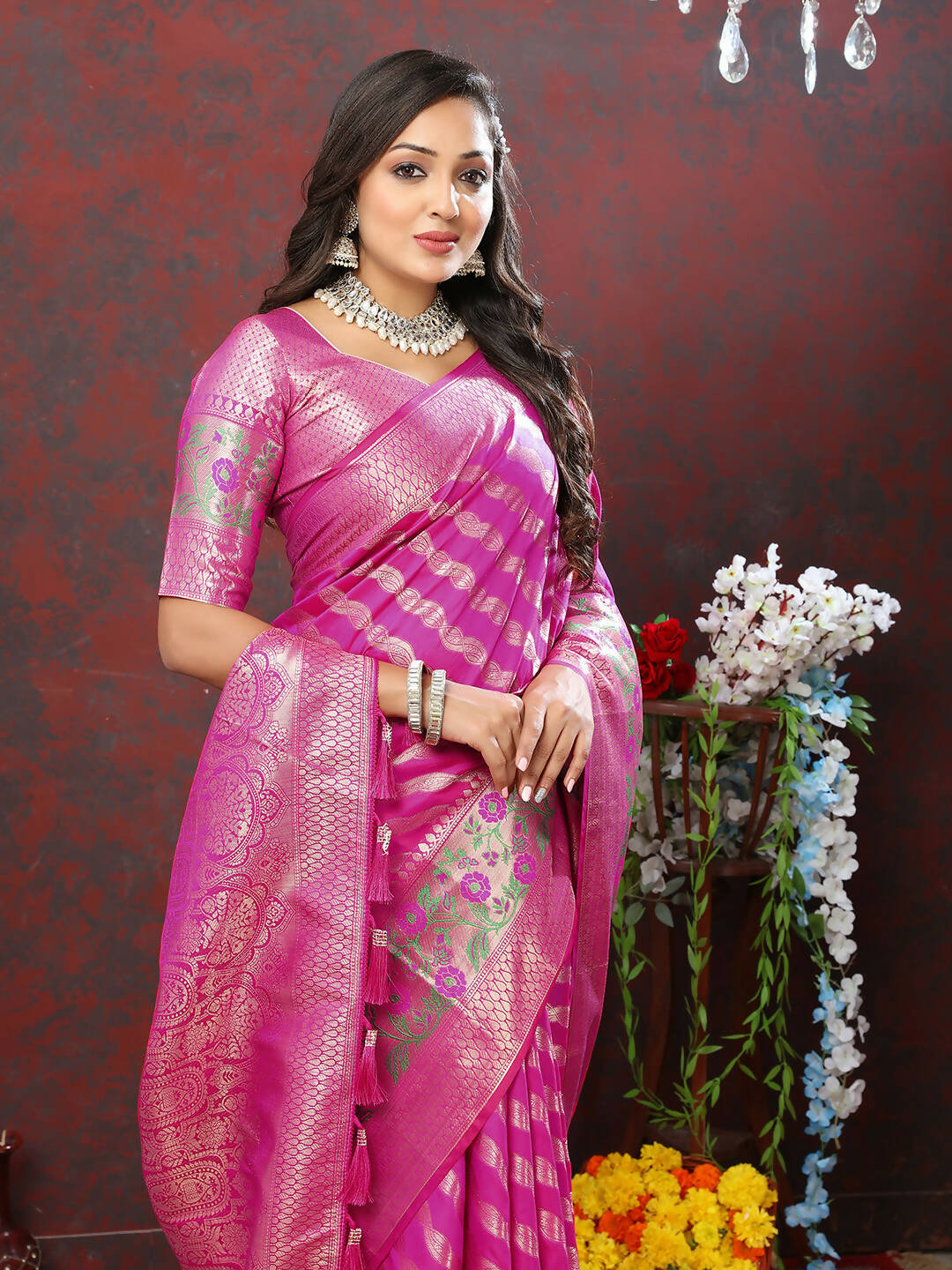 Lorenvalley Fashion Magenta Soft Silk Woven Design with Zari Weaving Leheriya Design Saree - Distacart