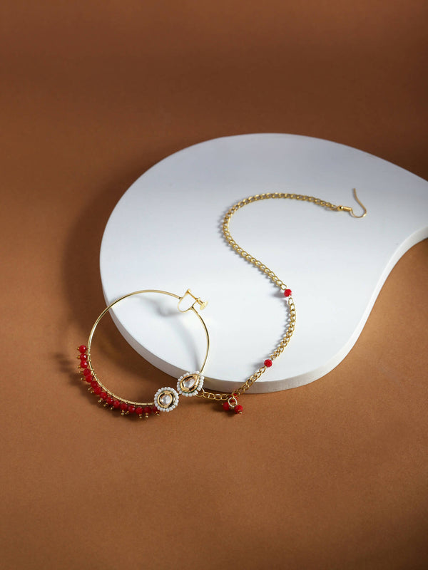 Gold-Plated White Red Kundan-Studded Pearl Beaded Nosepin - Ruby Raang - Distacart