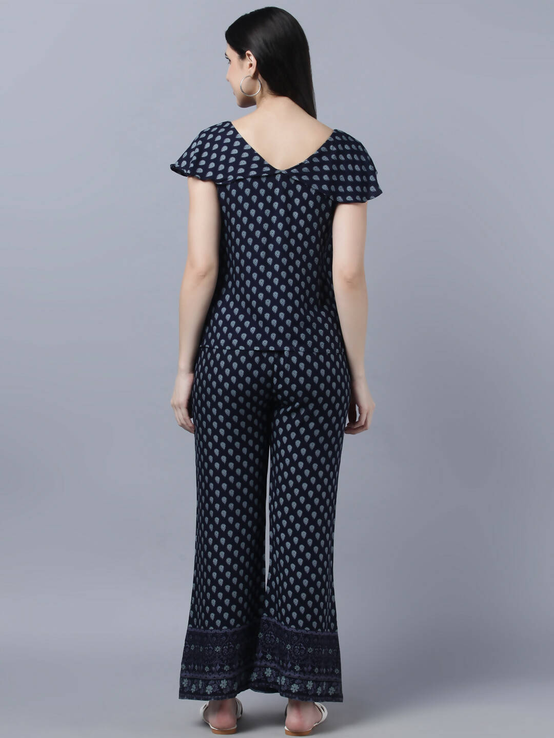 Myshka Women Navy Blue Ethnic Motifs Printed Pure Cotton Top with Palazzos - Distacart
