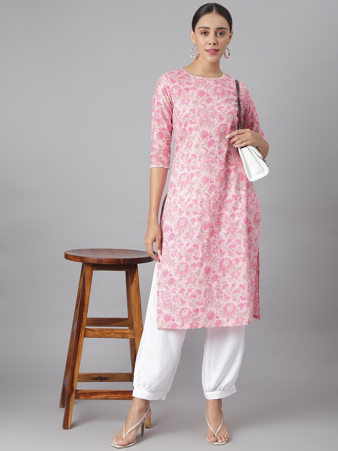 Khushal K Women Pink Floral Printed Cotton Kurta - Distacart