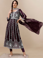 Thumbnail for HERE&NOW Floral Lucknowi Chikankari Embroidered Georgette Anarkali Kurta with Dupatta - Distacart