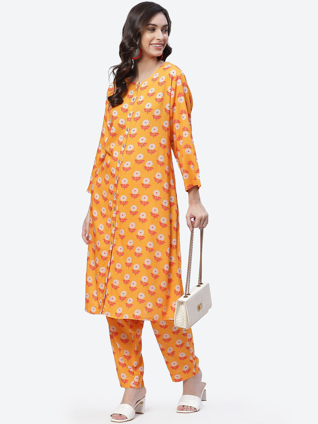 Biba Women Yellow Floral Printed Straight Kurta with Trousers - Distacart