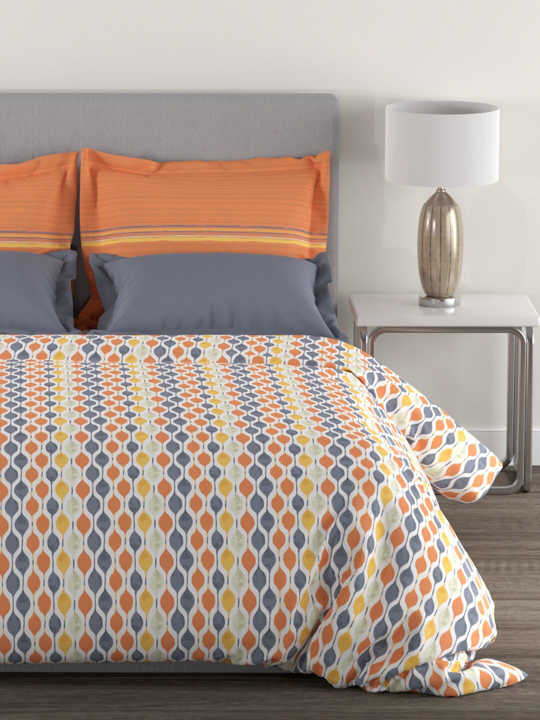 MYTRIDENT Orange White Geometric Cotton 144 TC Queen Bedsheet With 2 Pillow Covers - Distacart