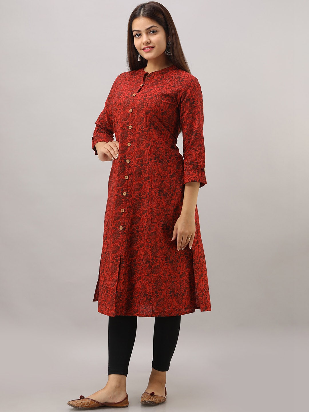 HERE&NOW Maroon Mandarin Collar Floral Straight A-Line Kurta - Distacart