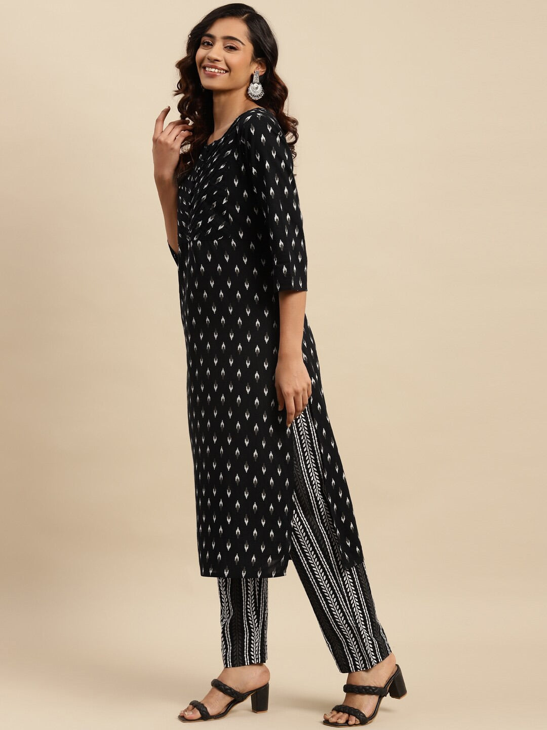 Sangria Black Ethnic Motifs Printed Pure-Cotton Straight Kurta With Trouser & Dupatta - Distacart