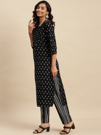 Thumbnail for Sangria Black Ethnic Motifs Printed Pure-Cotton Straight Kurta With Trouser & Dupatta - Distacart