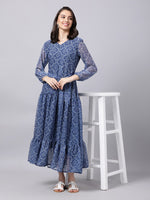 Thumbnail for Souchii Blue Ethnic Motifs Printed Chiffon Maxi Tiered Dress - Distacart