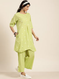 Thumbnail for Sangria Women Green & White Embroidered Pure Cotton Asymmetric Kurta with Palazzos - Distacart
