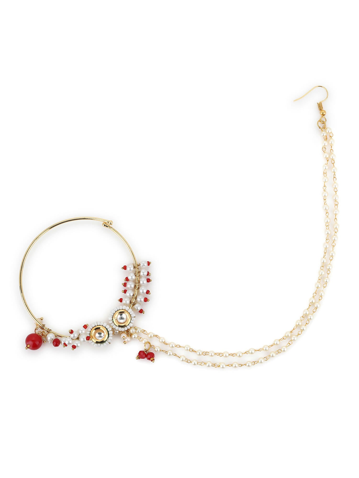 Gold-Plated White Red Kundan Studded Beaded Chained Nose Ring - Ruby Raang - Distacart