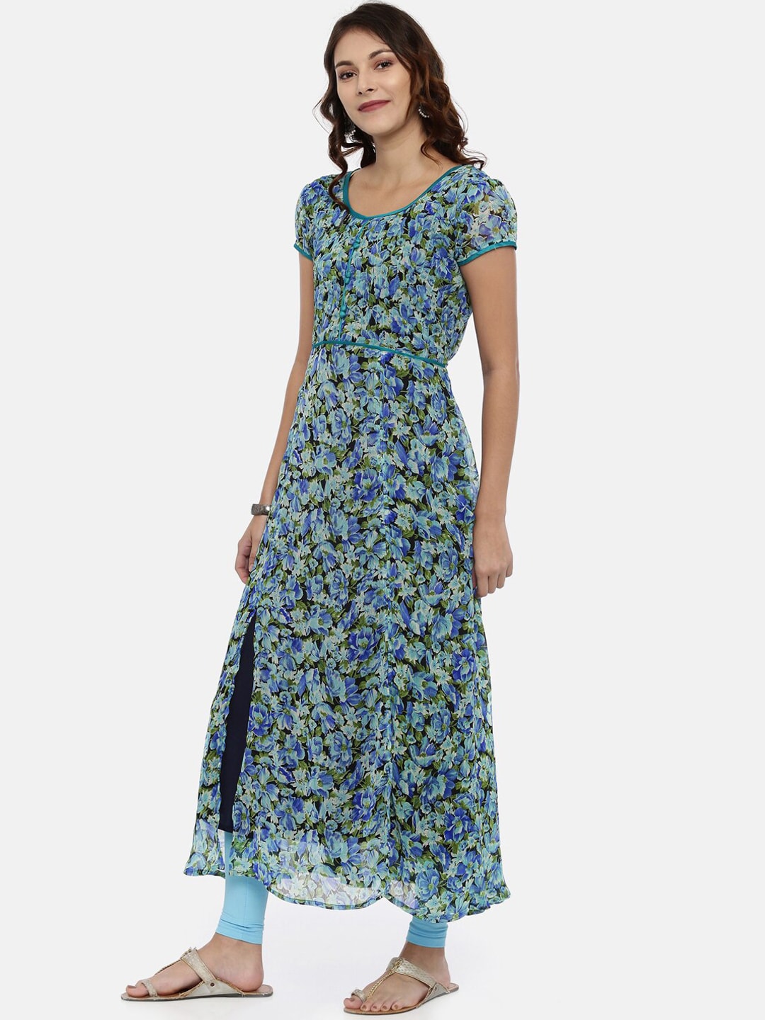 Souchii Blue & Green Printed A-Line Kurta - Distacart