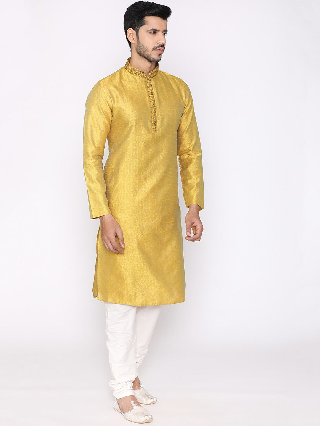 Manyavar Men Yellow & White Self Design Kurta with Churidar - Distacart