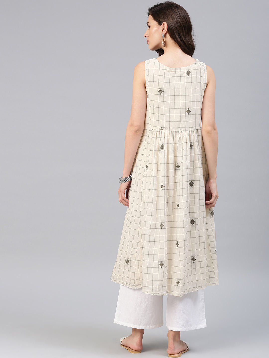Biba Women Off-White & Black Checked Anarkali Kurta - Distacart