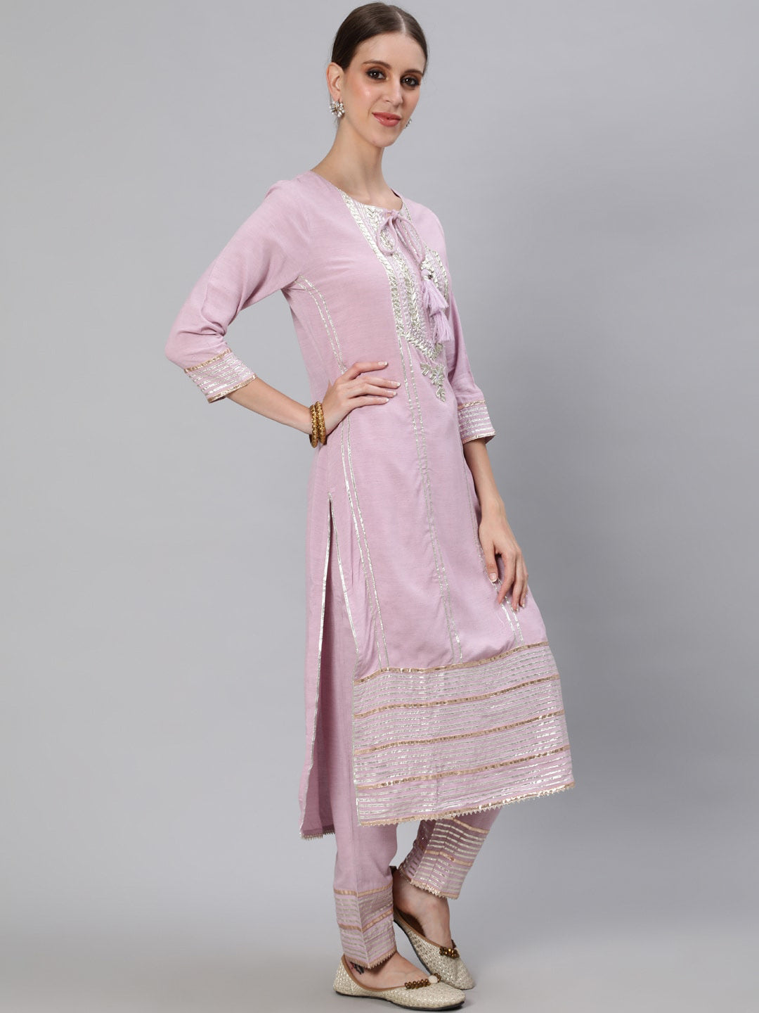 Ishin Women Purple Ethnic Motifs Embroidered Regular Gotta Patti Kurta with Trousers & With Dupatta - Distacart