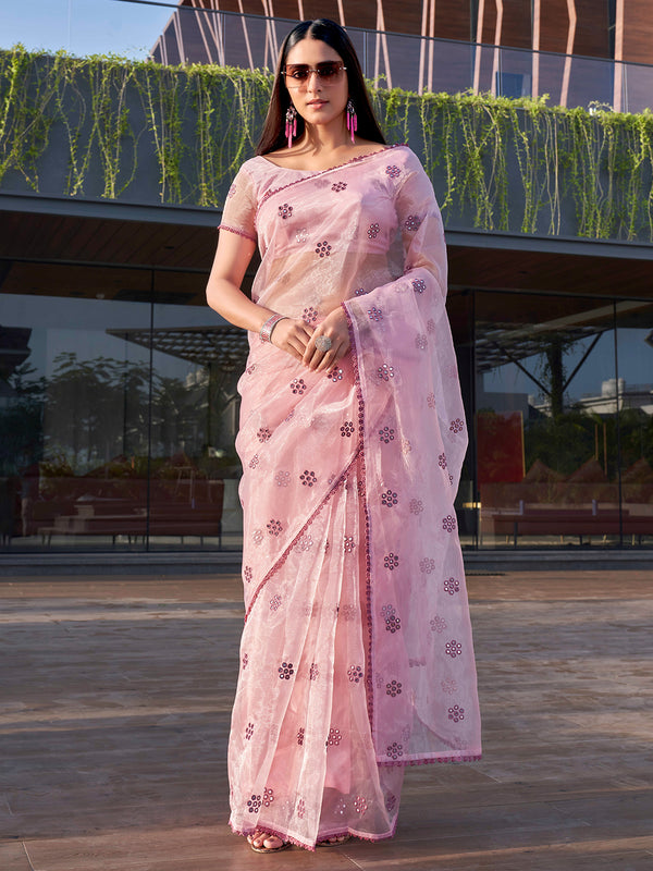 Tikhi Imli Floral Mirror Work Organza Saree - Distacart