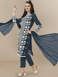 Thumbnail for HERE&NOW Floral Embroidered Chikankari Kurta with Trousers & Dupatta - Distacart