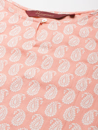 Thumbnail for Sangria Women Peach-Coloured & White Ethnic Printed Pure Cotton Kurta set - Distacart
