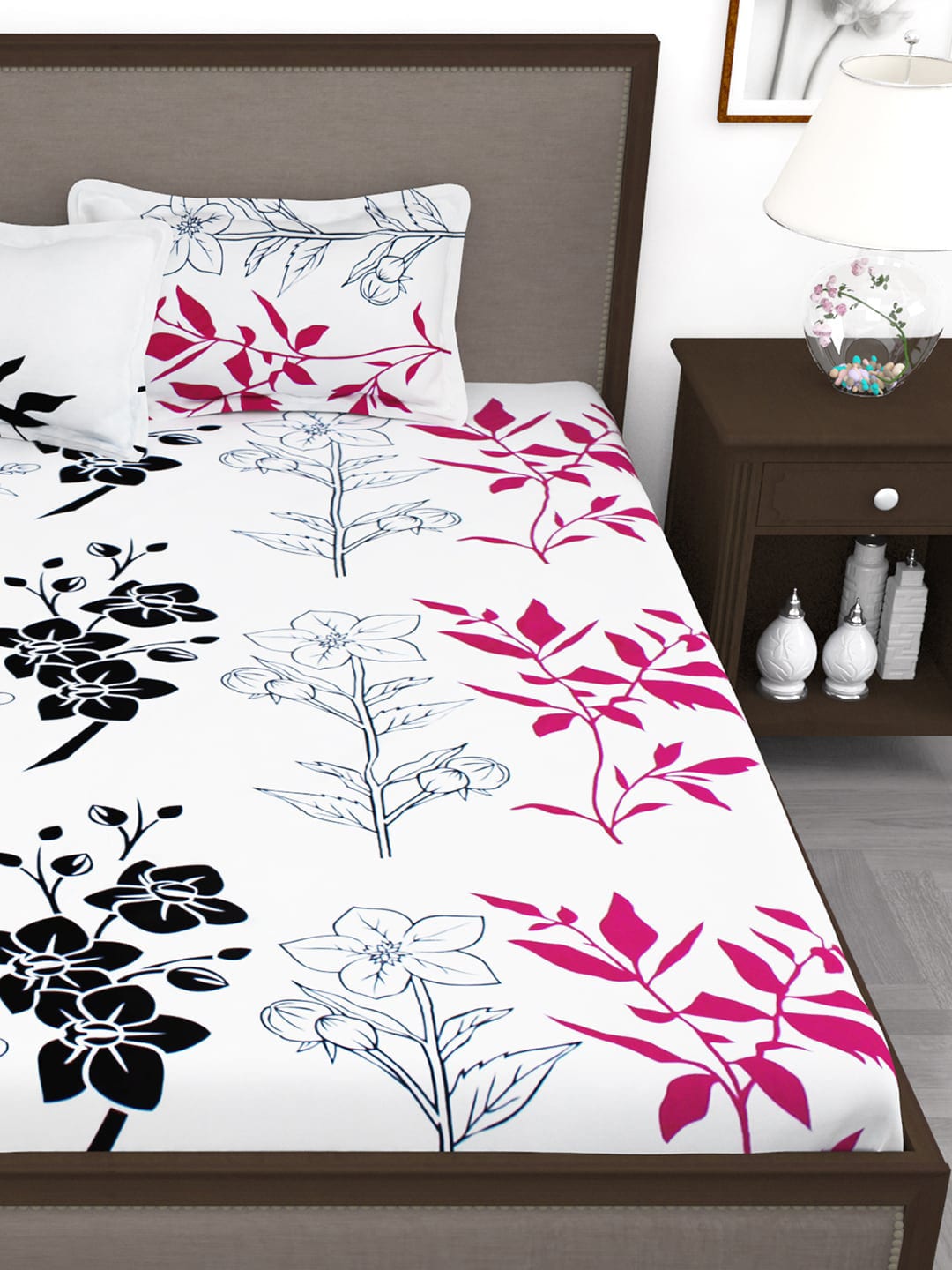 Story@home White & Pink Floral King Bedsheet with 2 Pillow Covers - Distacart