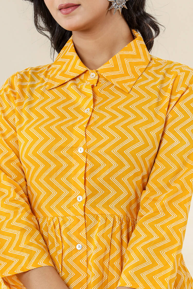 Kaajh Women's Yellow Zigzag Print Cotton Co-ord Set - Distacart