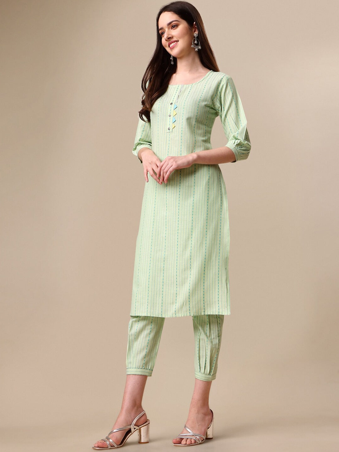 Kalini Women Woven Striped Thread Work Kurta with Trousers - Distacart