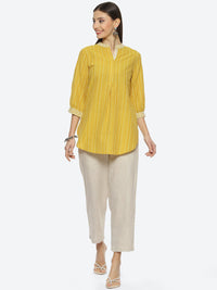 Thumbnail for Biba Mandarin Collar Striped Kurti with Trousers - Distacart
