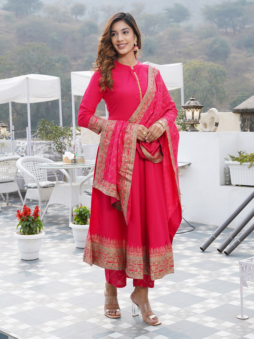 Kalini Mandarin Collar Floral Printed Kurta with Trousers & With Dupatta - Distacart