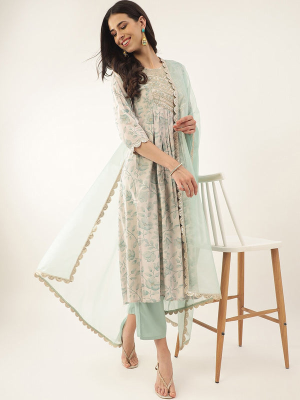 Khushal K Floral Printed Empire Thread & Mirror Work Kurta with Palazzos & Dupatta - Distacart