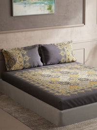 Thumbnail for DDecor Grey & Yellow Ethnic Motifs Cotton 140 TC King Bedsheet With 2 Pillow Covers - Distacart