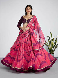 Thumbnail for House of Panchhi Rose Organza Siroski Stone Work Leheriya Print Lehenga Choli & Dupatta - Distacart