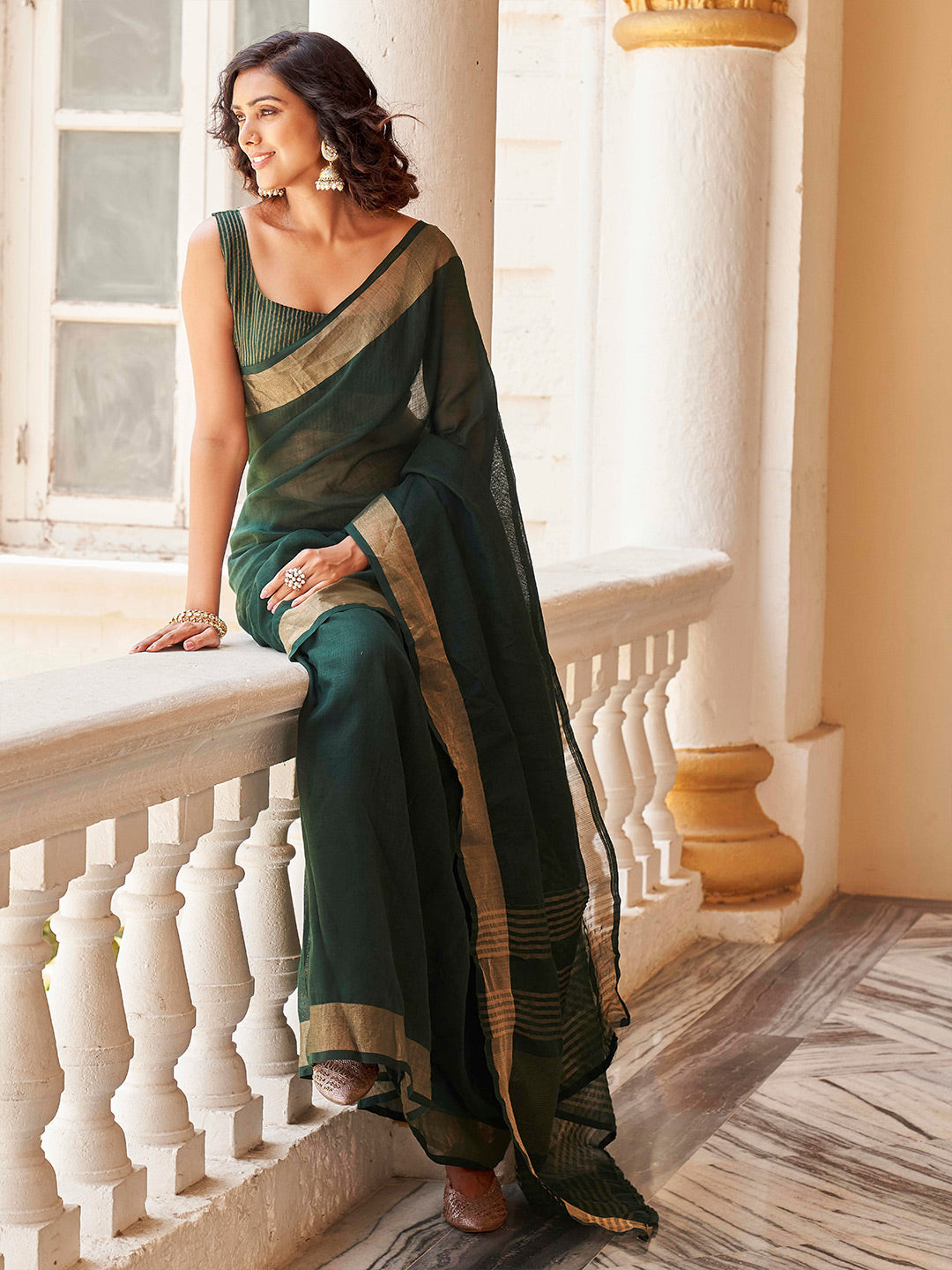 Tikhi Imli Green & Gold-Toned Polycotton Zari Ready to Wear Saree - Distacart
