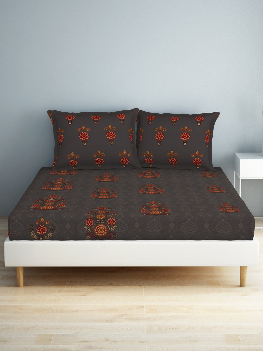 SPACES Aurum Grey Ethnic Motifs Pure Cotton 140 TC Queen Bedsheet with 2 Pillow Covers - Distacart