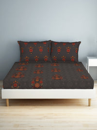 Thumbnail for SPACES Aurum Grey Ethnic Motifs Pure Cotton 140 TC Queen Bedsheet with 2 Pillow Covers - Distacart