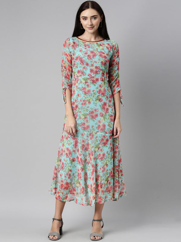 Souchii Turquoise Blue Floral Printed Chiffon A-Line Midi Dress - Distacart