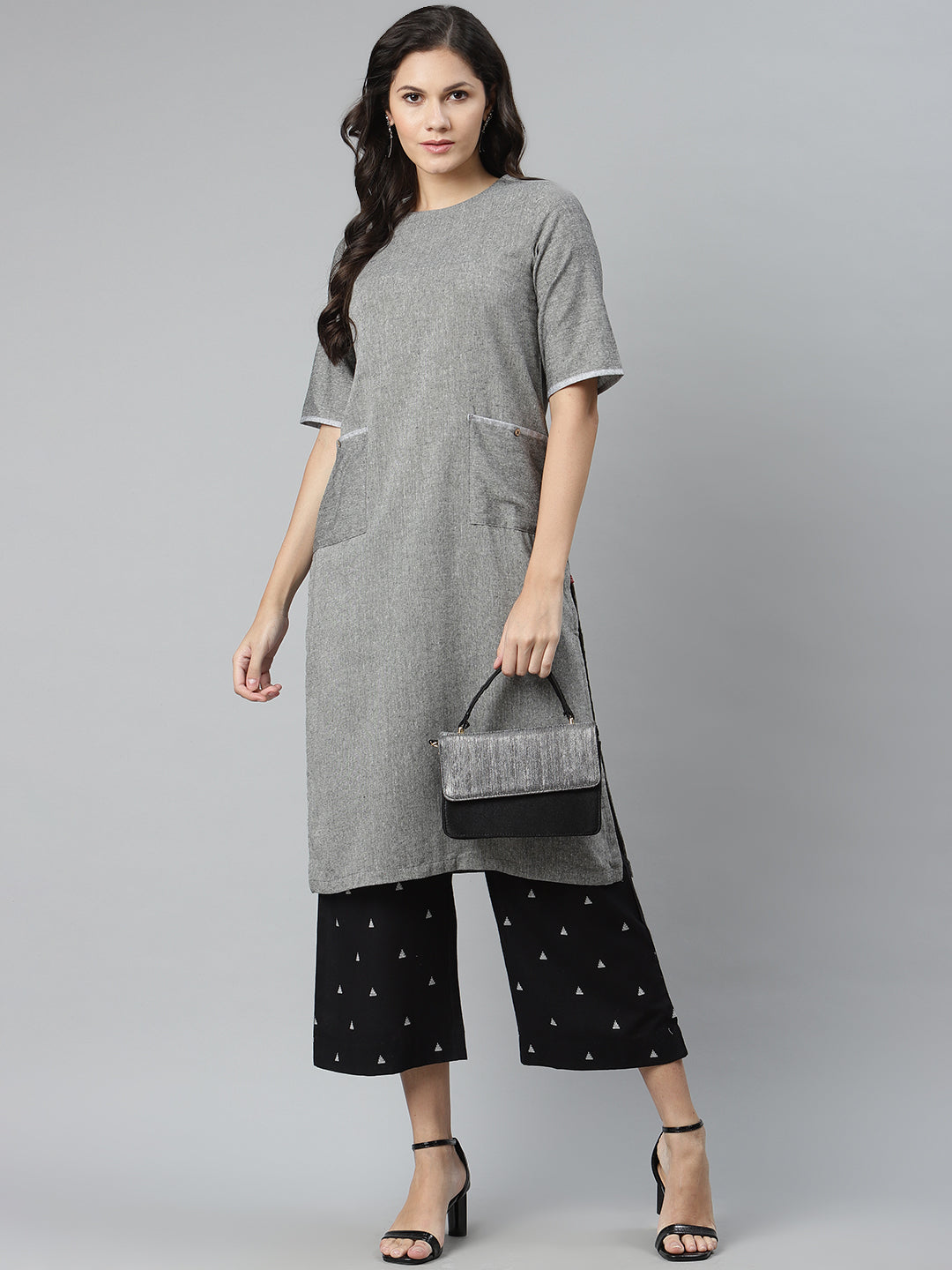 Biba Women Grey Melange & Black Solid Kurta with Palazzos - Distacart
