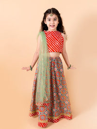 Thumbnail for Girls Orange Blue Printed Ready To Wear Lehenga Blouse With Dupatta - Mini Marvels - Distacart