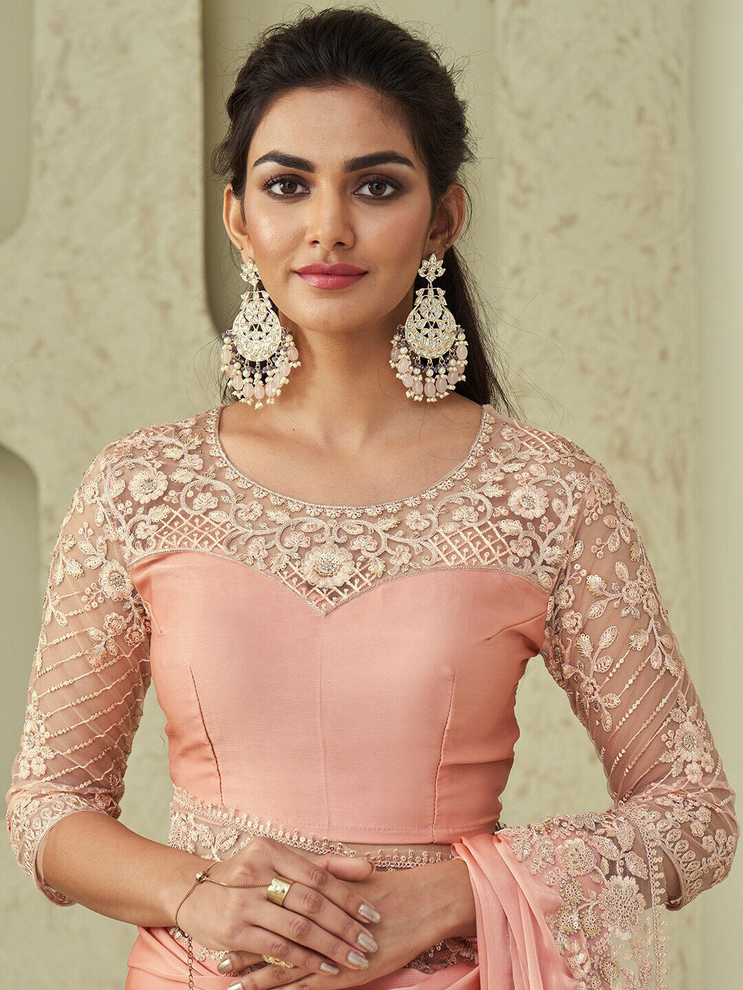 Mitera Pink & Gold-Toned Embroidered Pure Georgette Saree - Distacart