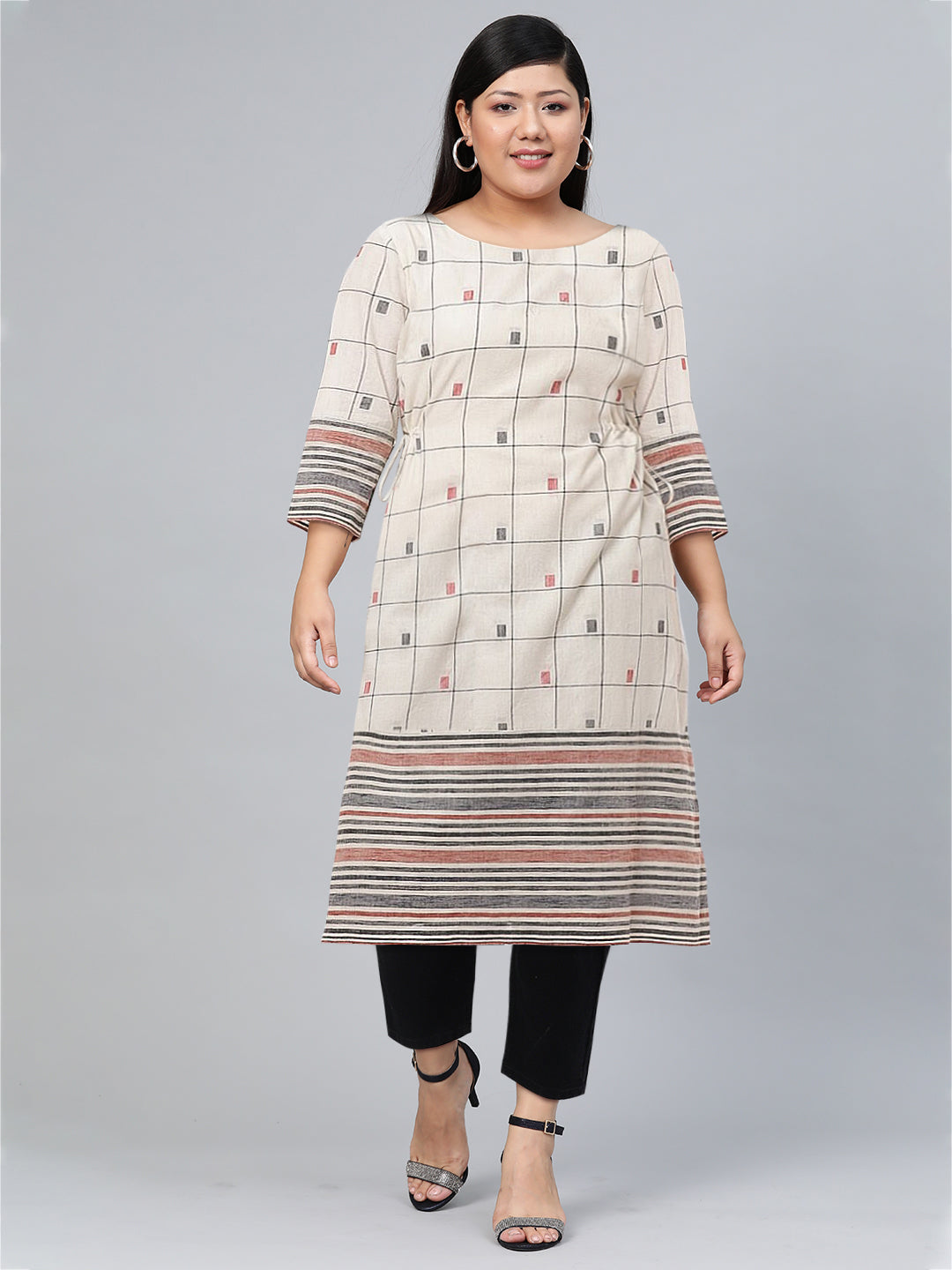 Biba Women Off White & Black Geometric Printed Cotton Kurta - Distacart