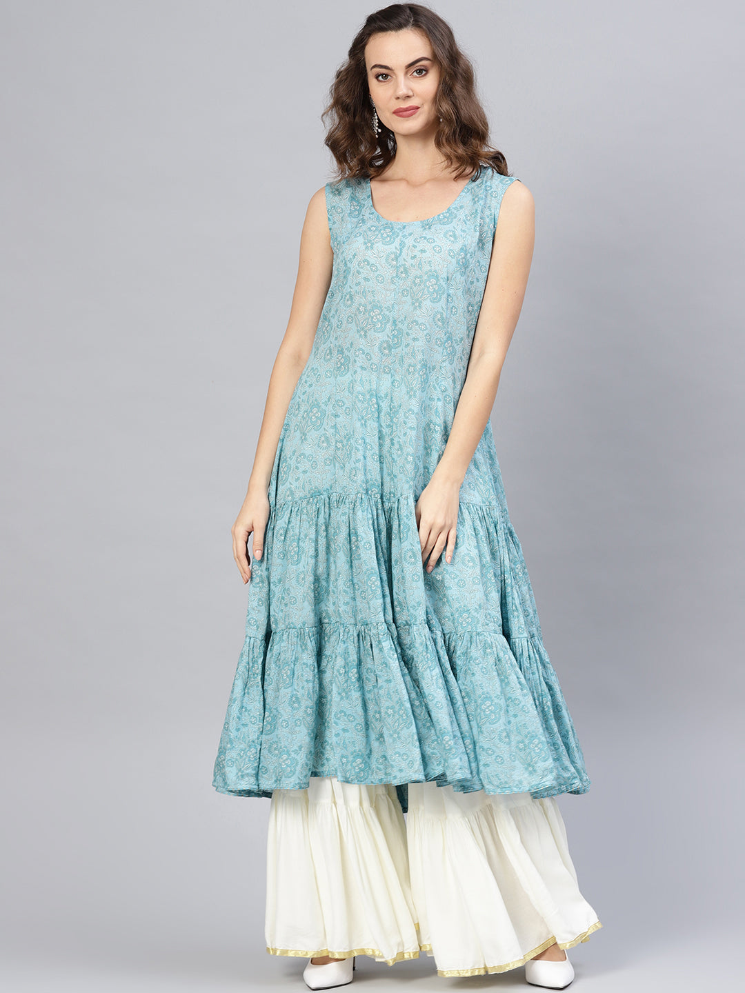 Biba Women Blue & Golden Printed Tiered Layered A-Line Kurta - Distacart