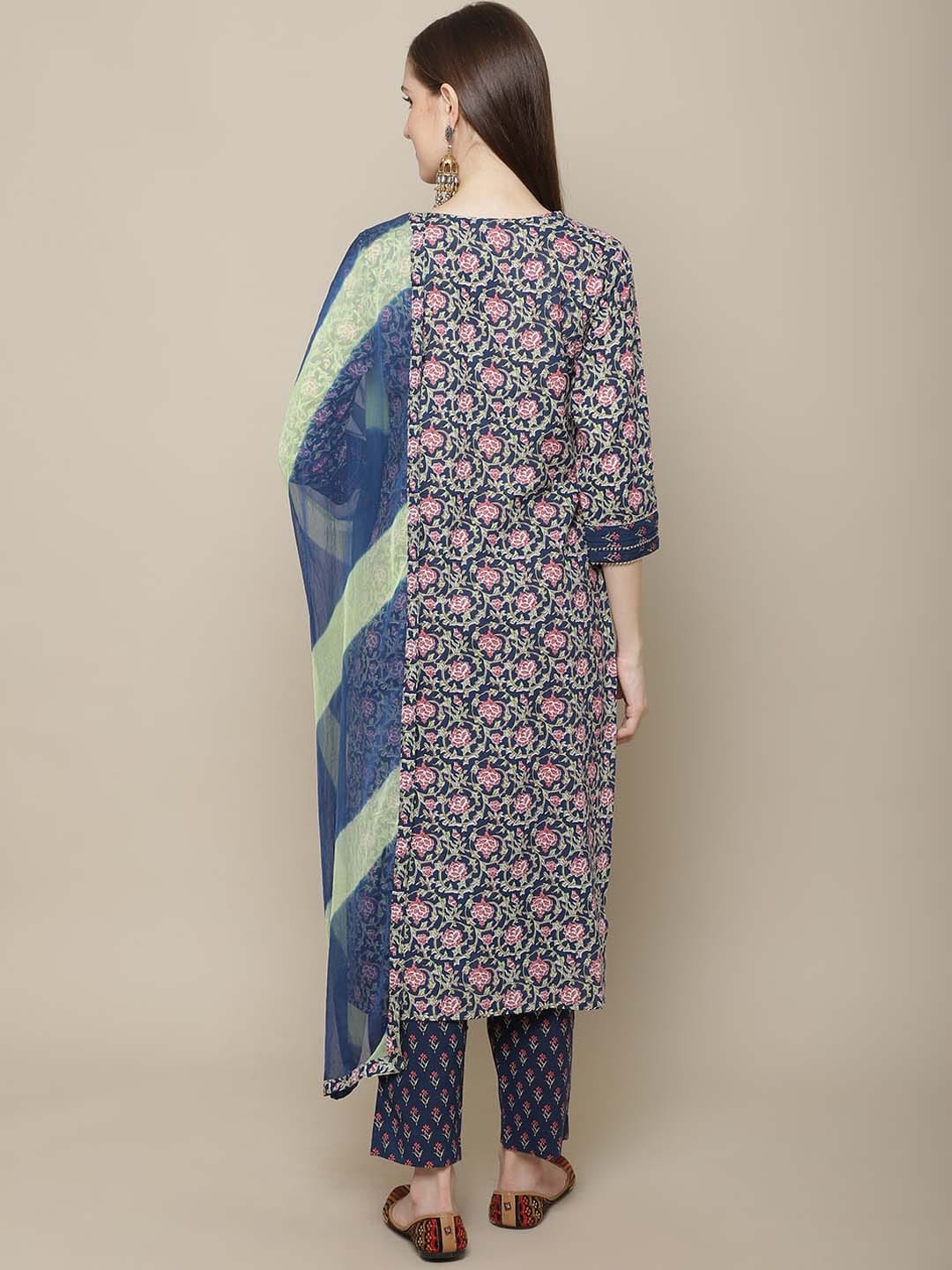 Sangria Women Navy Blue Floral Printed Pure Cotton Kurti with Trousers & With Dupatta - Distacart