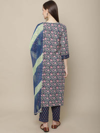 Thumbnail for Sangria Women Navy Blue Floral Printed Pure Cotton Kurti with Trousers & With Dupatta - Distacart