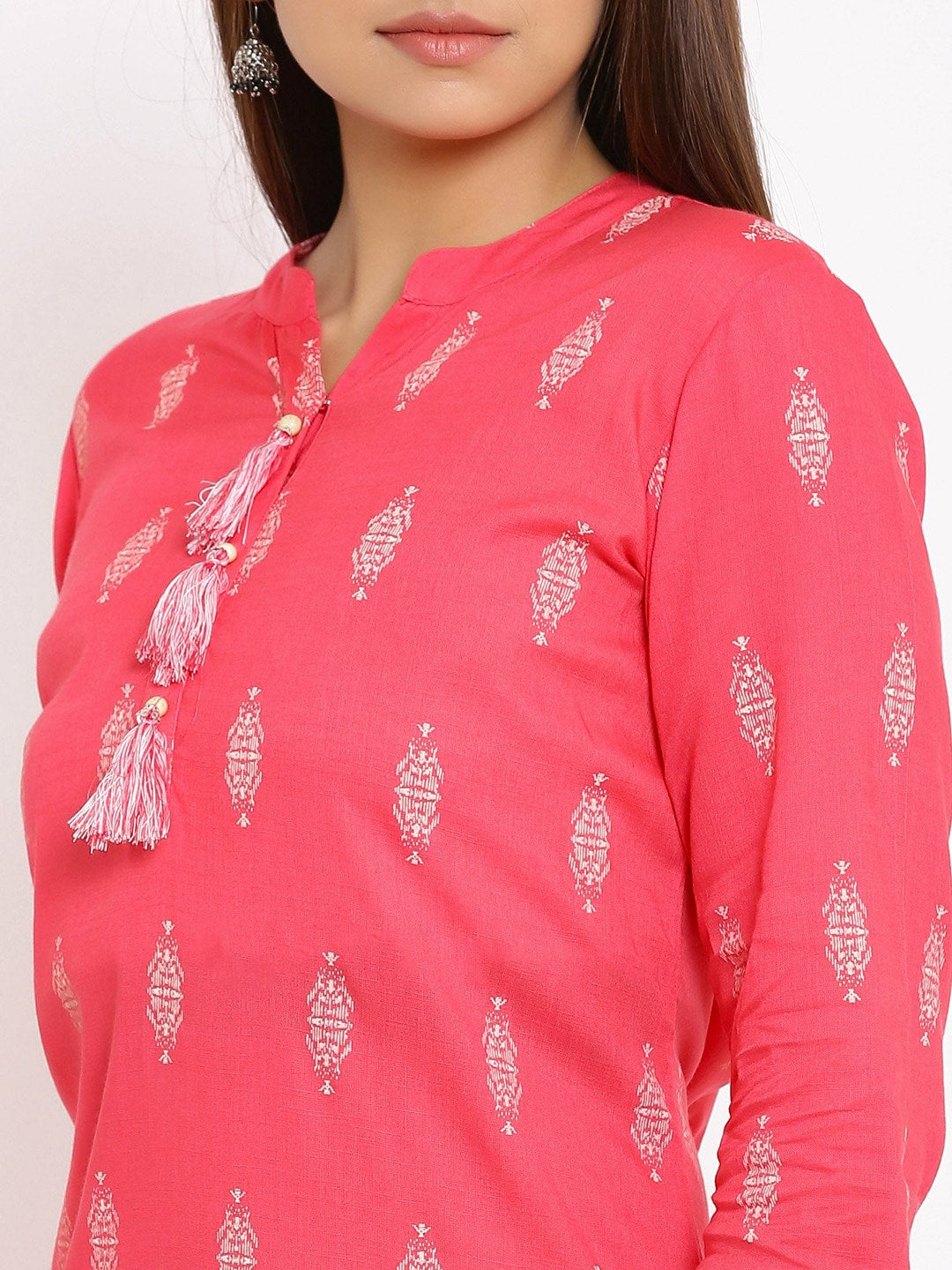 HERE&NOW Pink Mandarin Collar Ethnic Motifs Printed Pure Cotton Kurta - Distacart