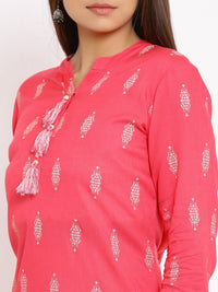 Thumbnail for HERE&NOW Pink Mandarin Collar Ethnic Motifs Printed Pure Cotton Kurta - Distacart