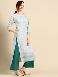Thumbnail for Sangria Women White & Blue Ethnic Motifs Embroidered Thread Work Kurta - Distacart