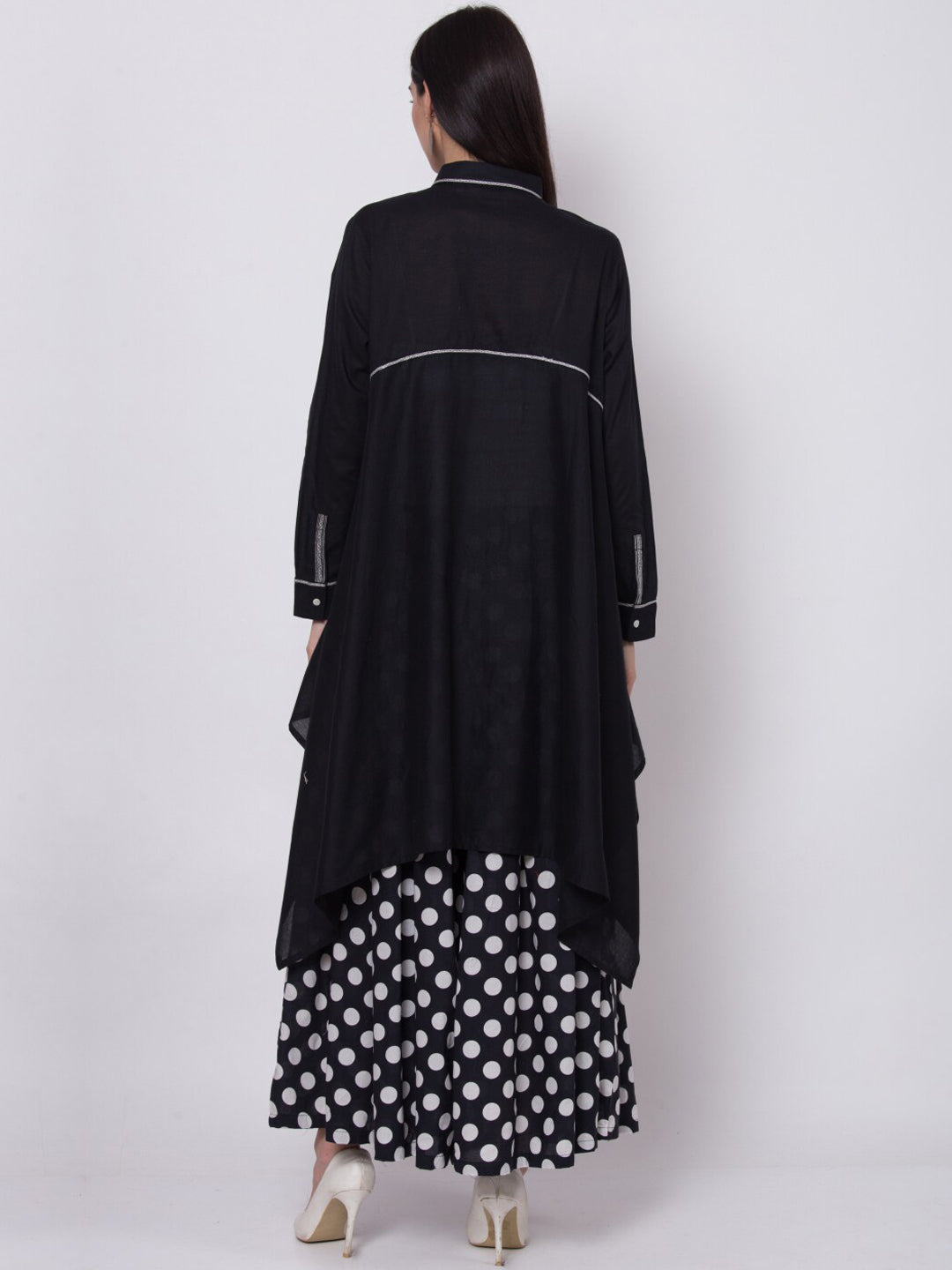 Biba Women Black & White Solid A-Line Shirt Collar Kurta - Distacart