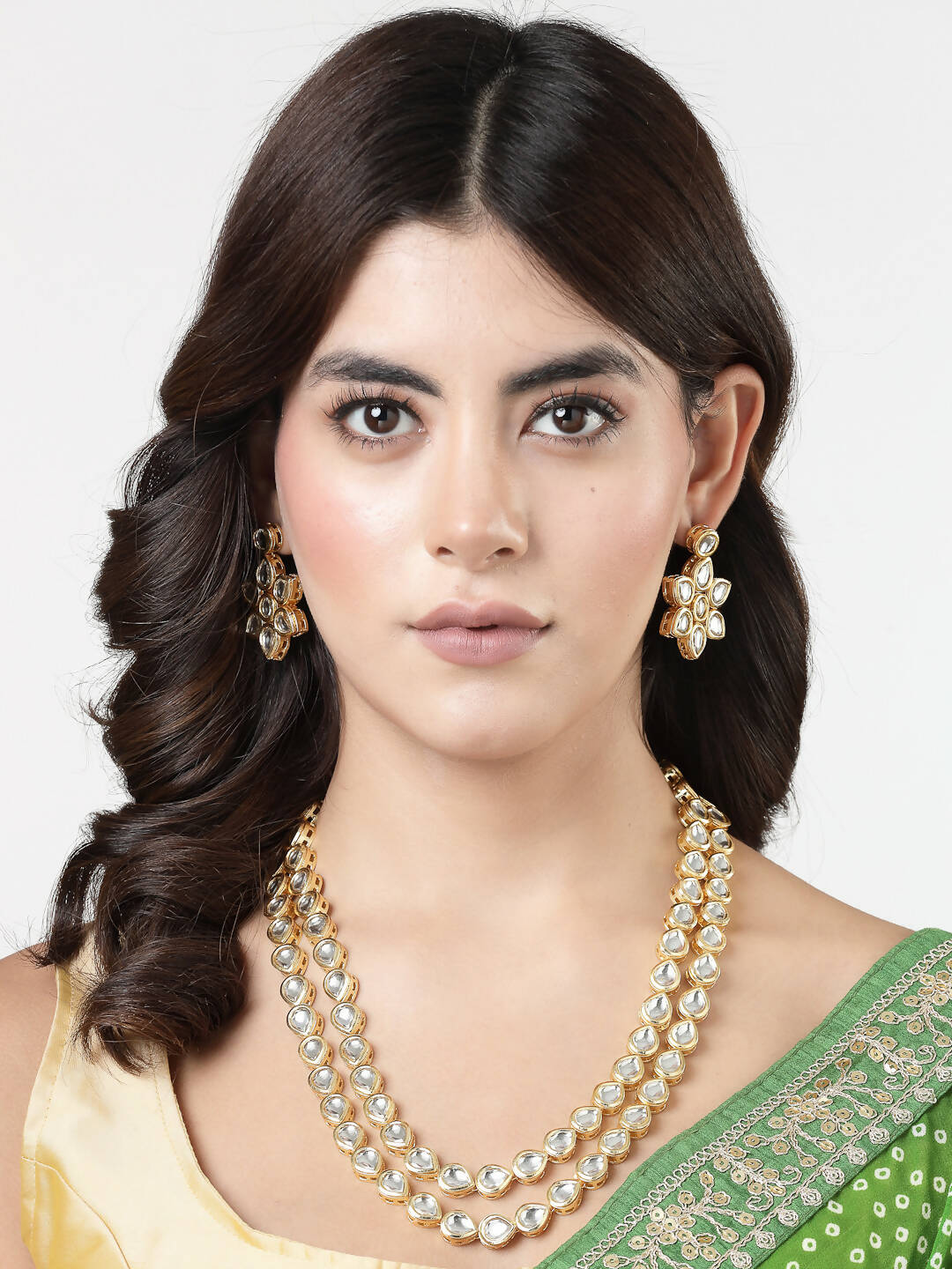 NVR Women's Gold-Plated Kundan 2 Layered Handcrafted Jewellery Sets With Drop Earrings - Distacart