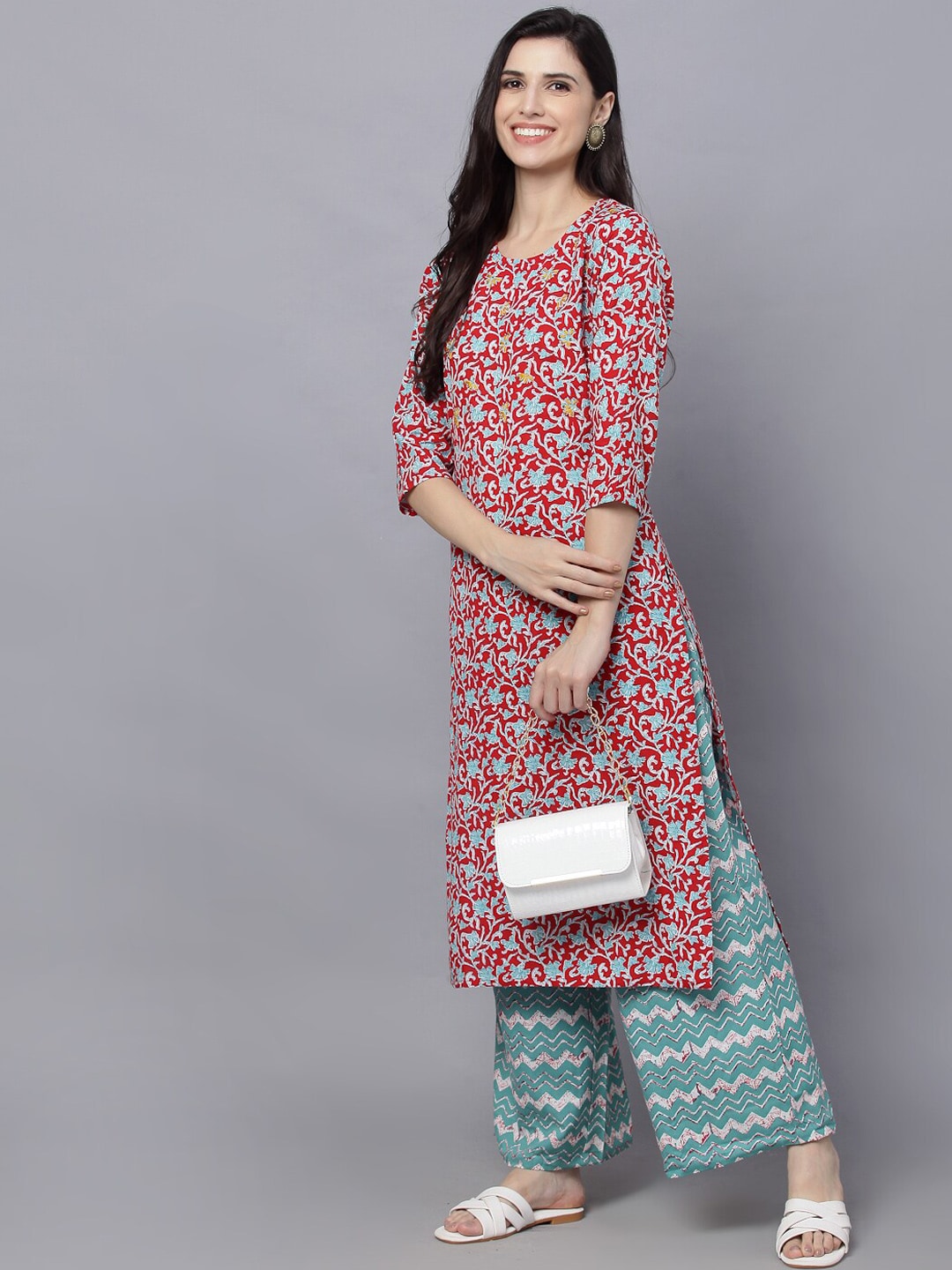 HERE&NOW Women Maroon Printed Kurta With Palazzos - Distacart