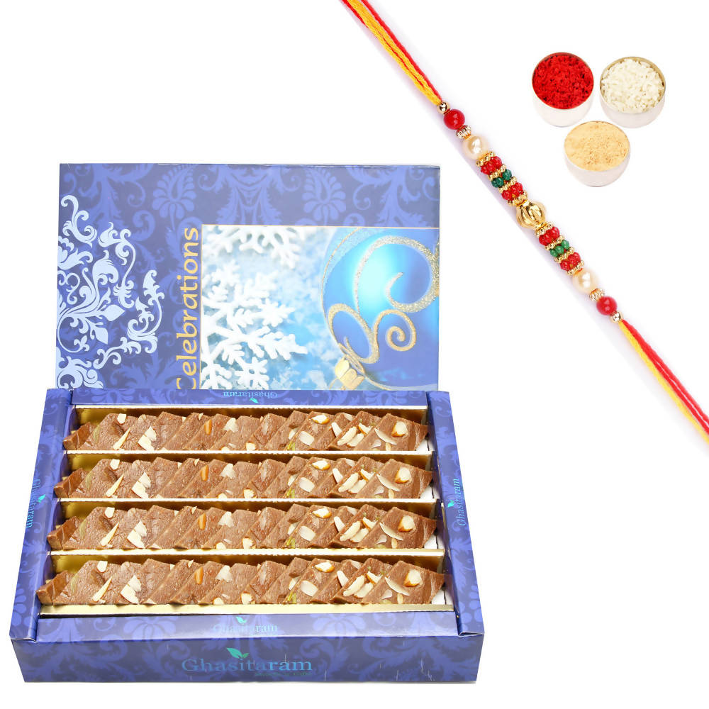 Ghasitaram Chocolate Kaju Katli With Pearl Beads Rakhi - Distacart