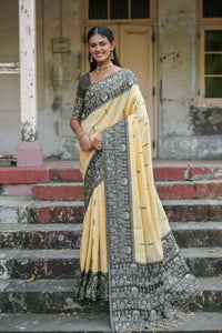 Thumbnail for Vishnu Weaves Women's Black Handloom Raw Silk Woven Saree with Blouse - Distacart