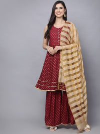 Thumbnail for HERE&NOW Women Maroon Ethnic Motifs Printed Kurta with Palazzos & With Dupatta - Distacart